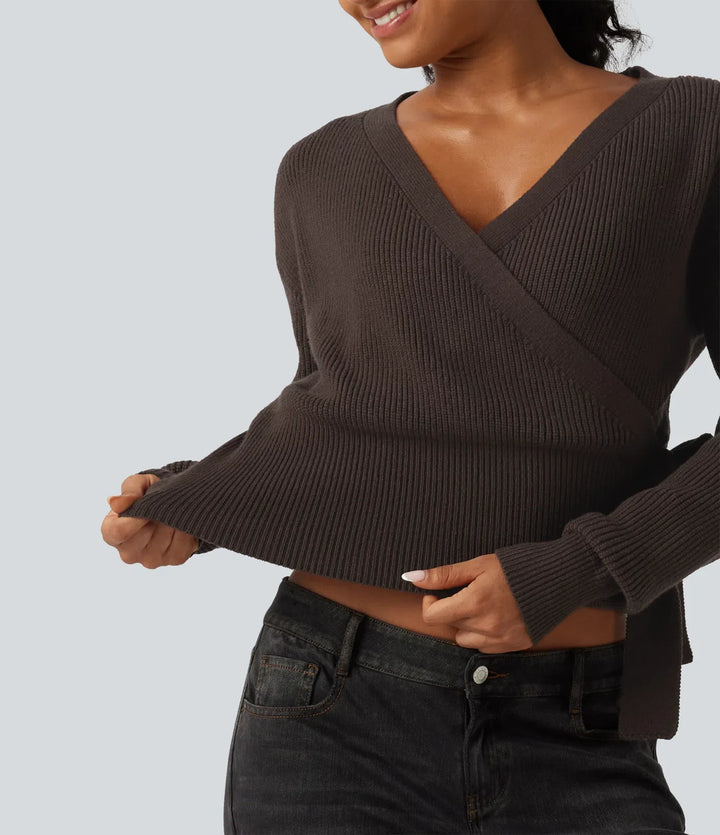 V Neck Long Sleeve Tie Side Work Sweater