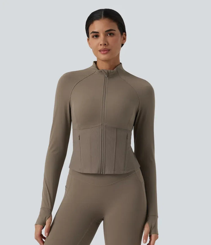 Halara UltraSculpt InstantCool Stand Collar Raglan Thumb Hole Curved Hem Yoga Jacket with Pockets