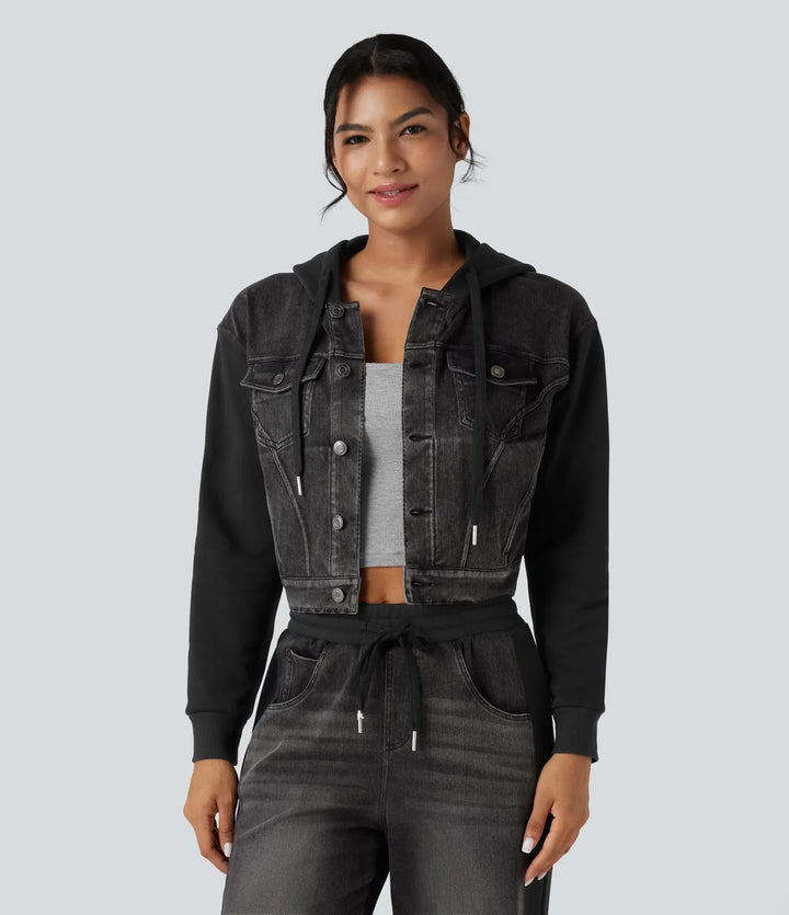 Halara Flex Hooded Drawstring Long Sleeve Patchwork Denim Casual Jacket