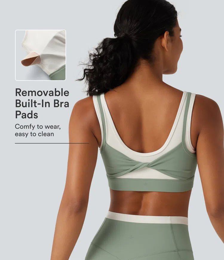 Halara UltraSculpt Medium Support U Neck Built-in Bra Twisted Color Block Yoga Sports Bra