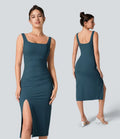 SoftlyZero Airy Square Neck Backless Corset Ruched Split Bodycon Midi InstantCool Bridesmaid and Wedding Guest Dress