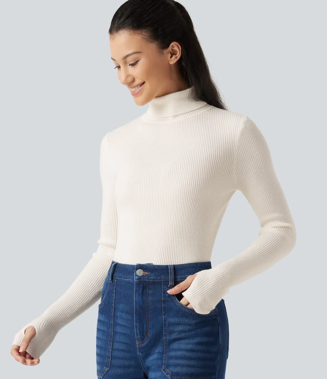 High Neck Long Sleeve Thumb Hole Work Wool-Blend Sweater