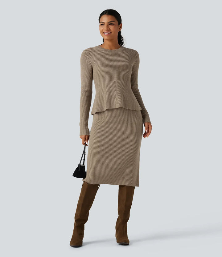 Round Neck Long Sleeve Ruffle Hem Work Sweater