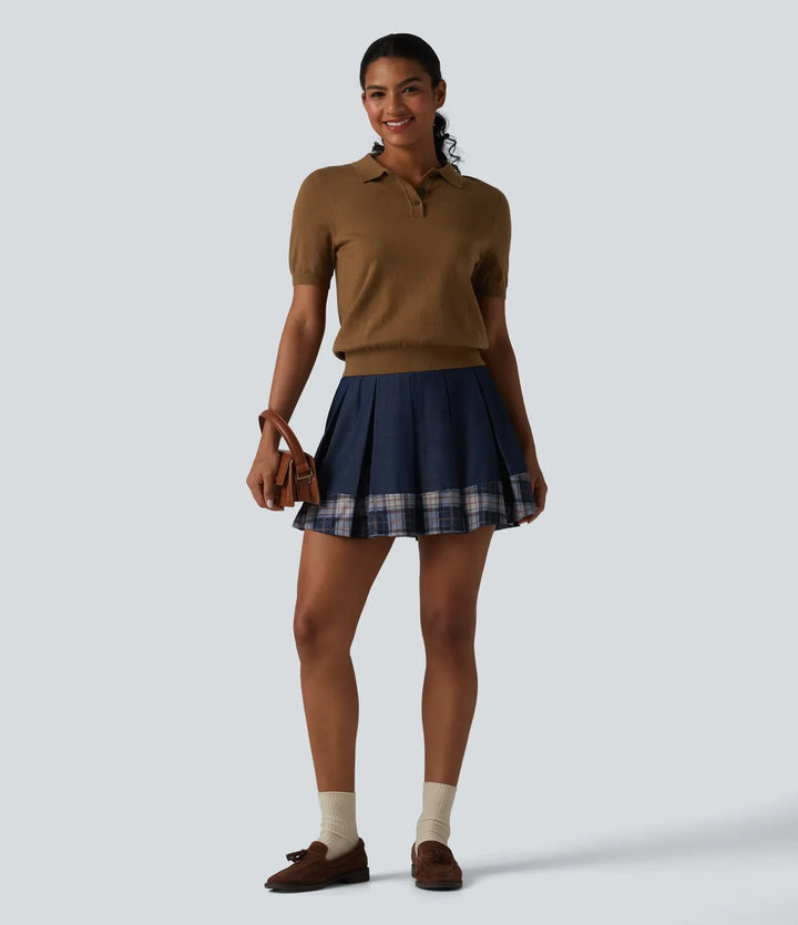 Polo Neck Short Sleeve Wool-Blend Casual Sweater