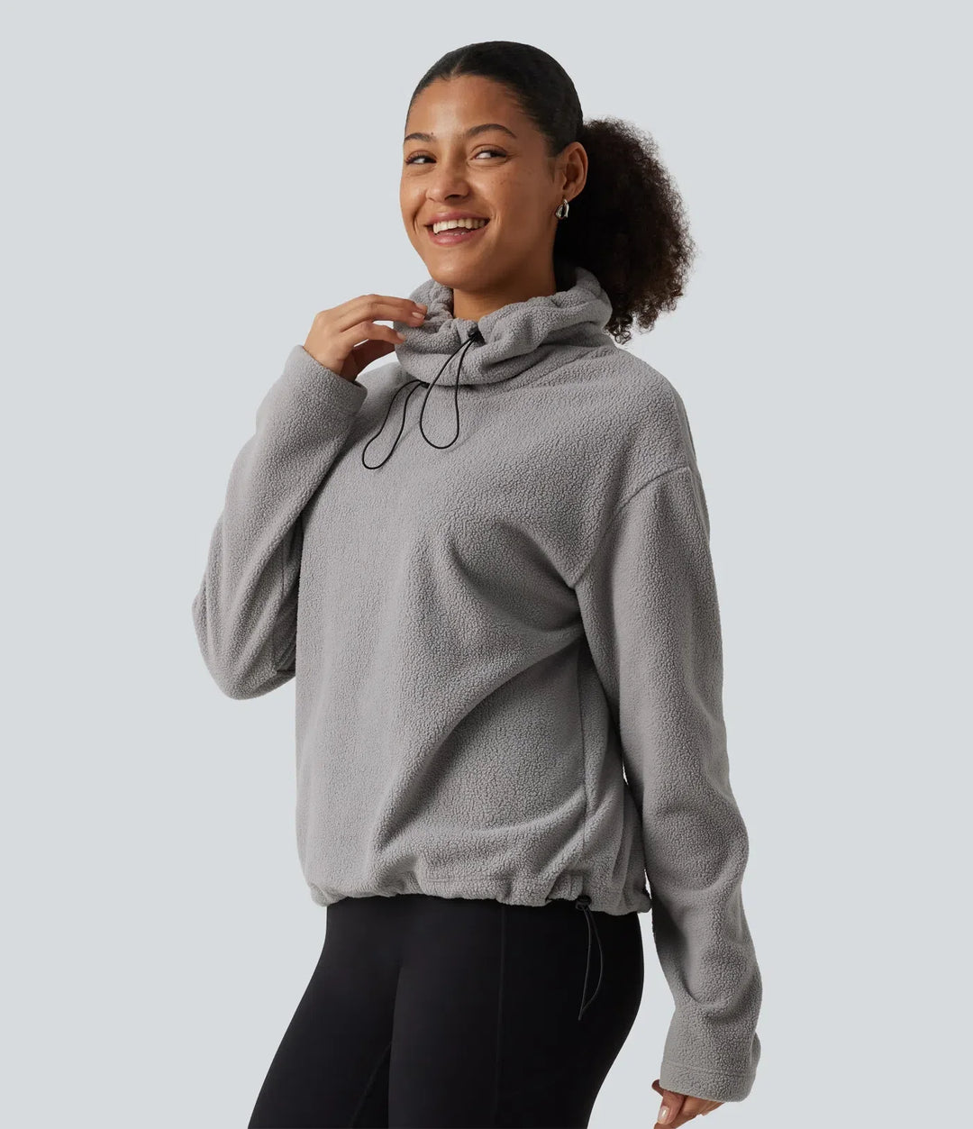 High Neck Drawstring Long Sleeve Gathered Hem Fleece Casual Sweatshirt