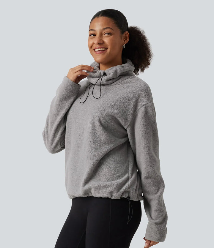 High Neck Drawstring Long Sleeve Gathered Hem Fleece Casual Sweatshirt