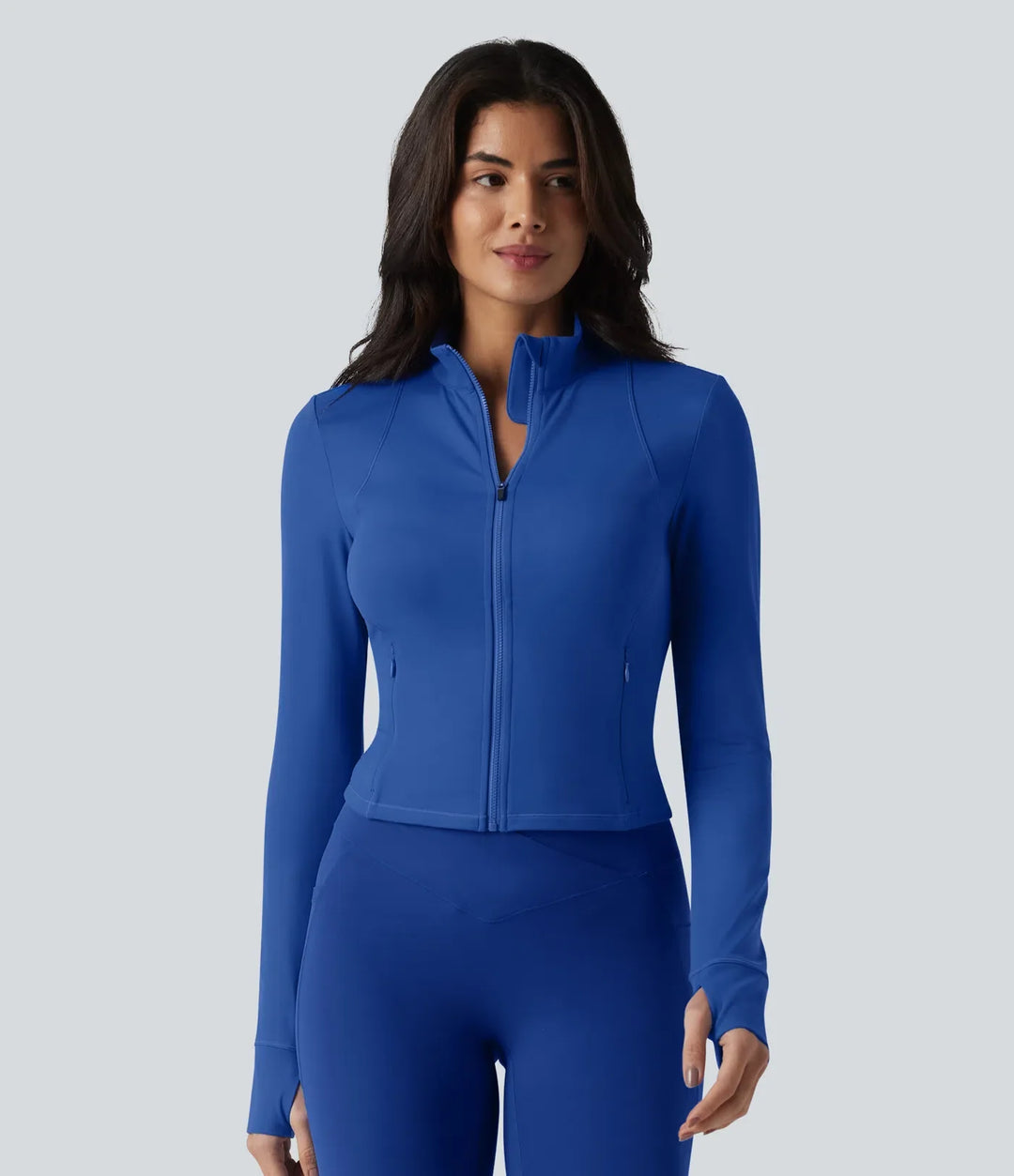 SoftlyZero Plush Stand Collar Long Sleeve Thumb Holes Twisted Back Breathable Mesh Yoga Jacket with Pockets