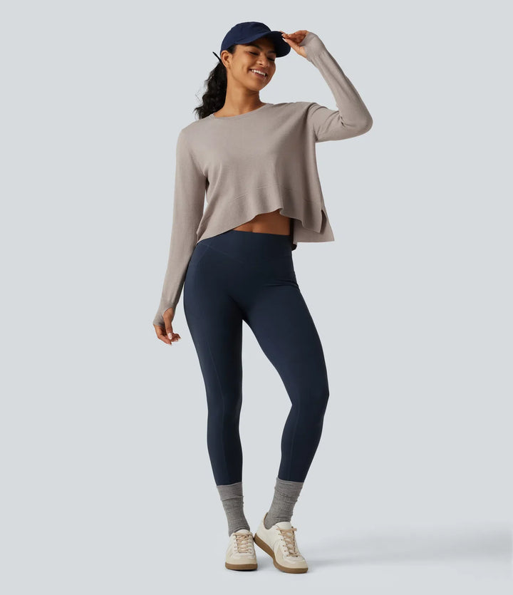 Round Neck Long Sleeve Asymmetric Thumb Holes Casual Sweater