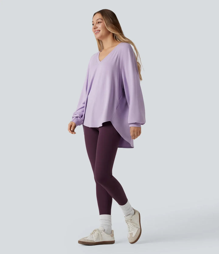 V Neck Long Sleeve High Low Casual Sweatshirt