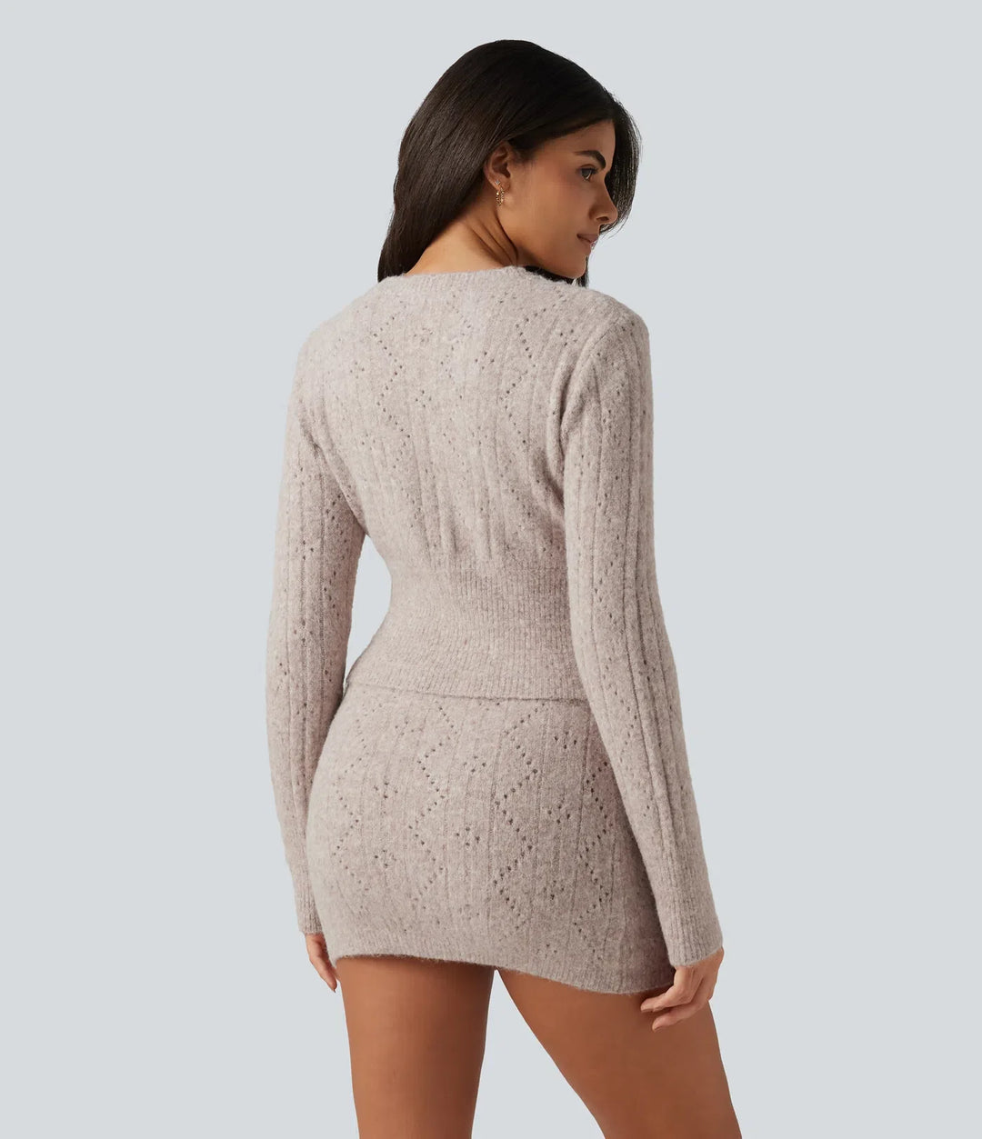 V Neck Long Sleeve Scallop Hem Open Knit Casual Sweater