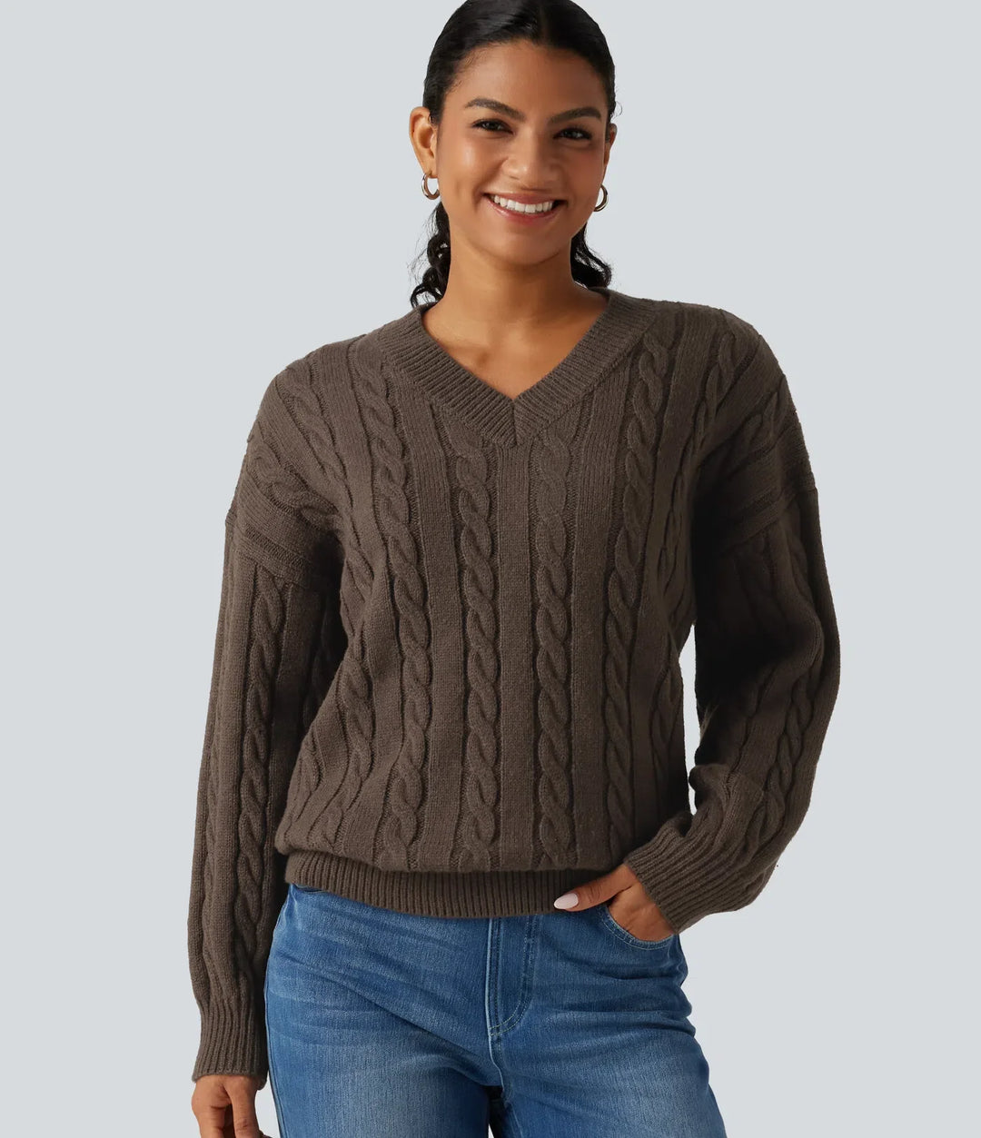 V Neck Dropped Long Sleeve Cable Knit Casual Wool-Blend Sweater