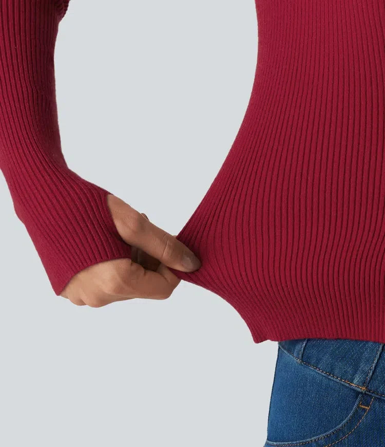 Square Neck Long Sleeve Thumb Hole Casual Sweater