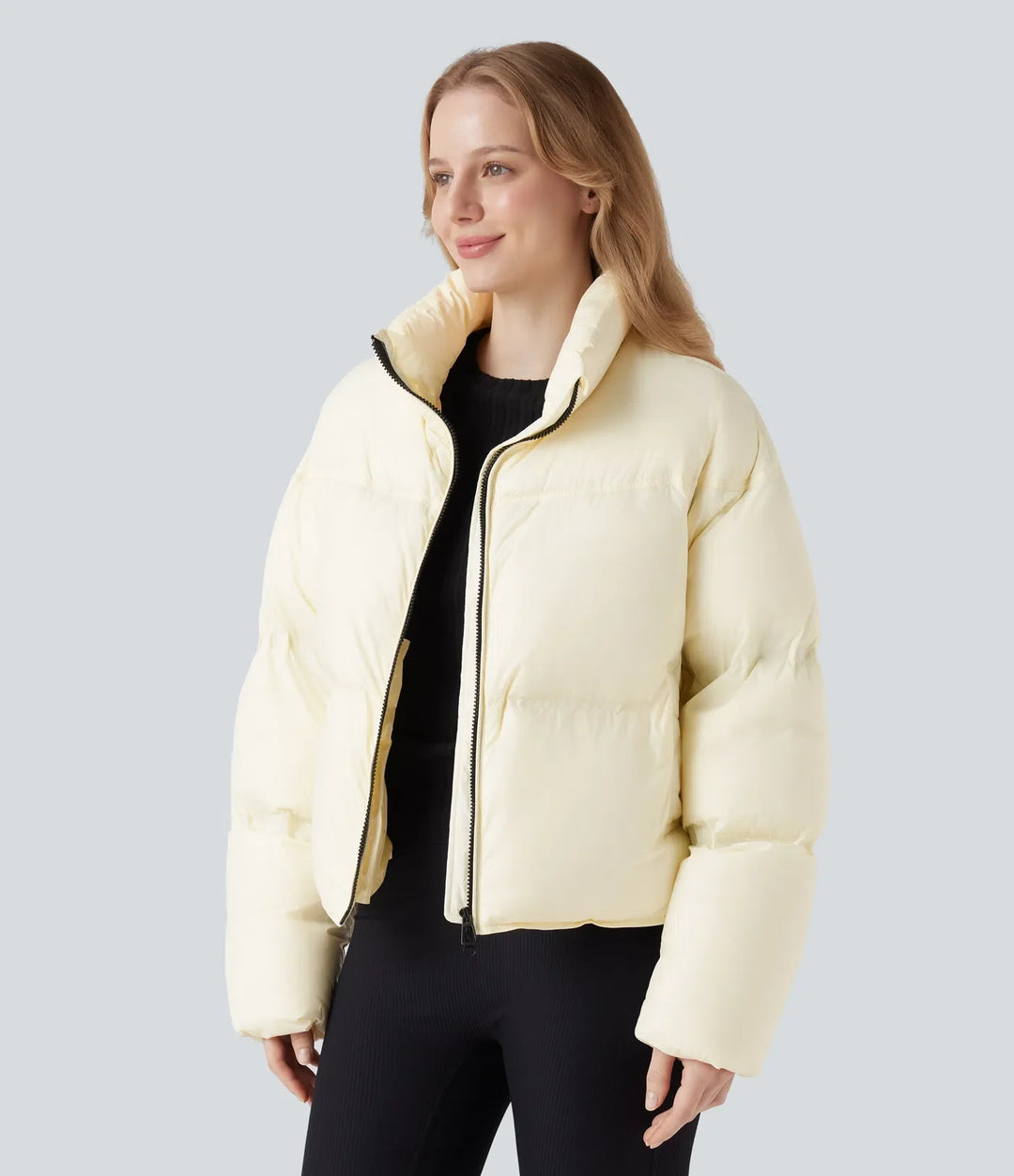 Stand Collar Drawstring Hem Casual Puffer Down Jacket with Pockets