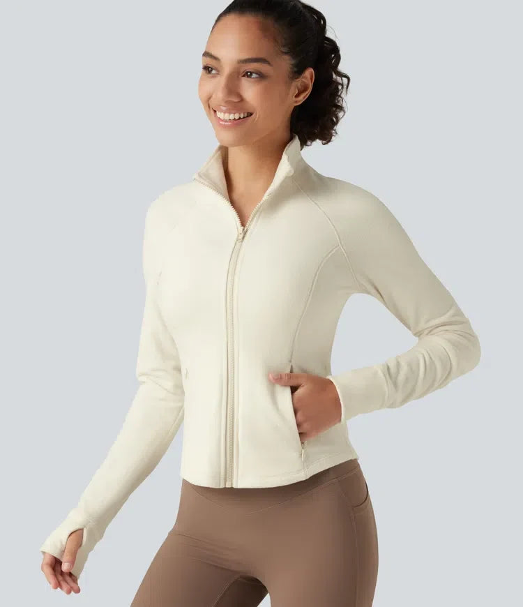 Stand Collar Long Sleeve Workout Jacket with Pockets