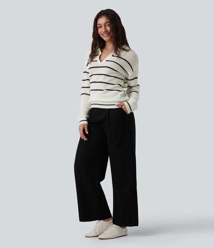 V-neck Long Sleeve Stripes Casual Sweater