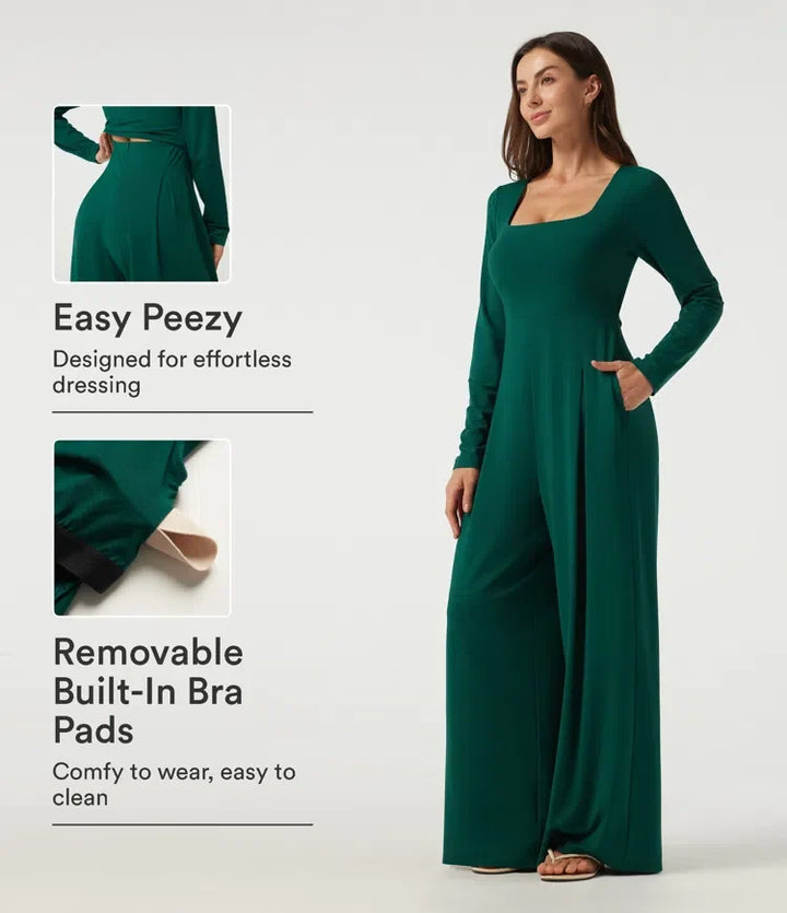 Square Neck Long Sleeve Built-in Bra Wide Leg Casual Jumpsuit with Pockets-Easy Peezy Edition