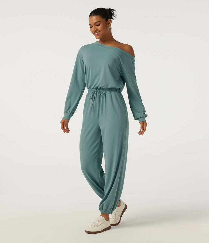 One Shoulder Long Sleeve Drawstring Casual Jumpsuit with Pockets - Easy Peezy Edition
