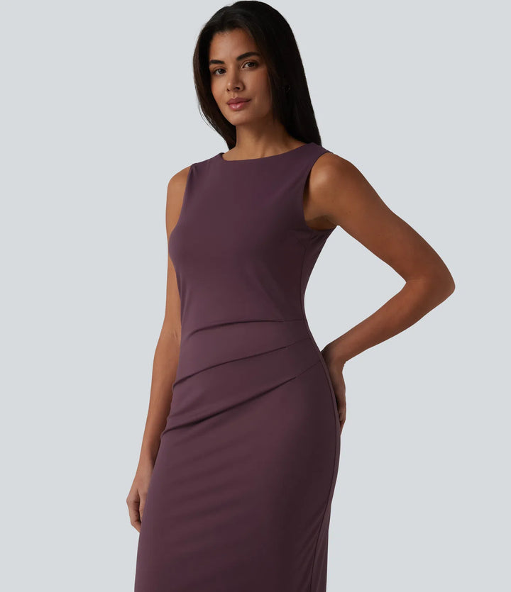 Boat Neck Sleeveless Pencil Midi Work Dress