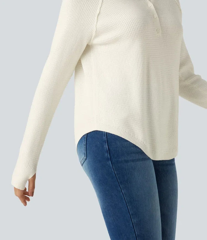 Henley Neck Long Sleeve Thumb Hole Curved Hem Casual Sweater