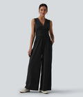 V Neck Sleeveless Ruched Stripes Work Jumpsuit with Pockets-Easy Peezy