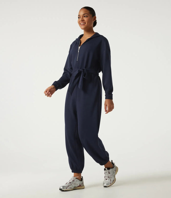 Hooded Dropped Long Sleeve Half Zip Tie Front Casual Jogger Jumpsuit with Pockets-Easy Peezy Edition