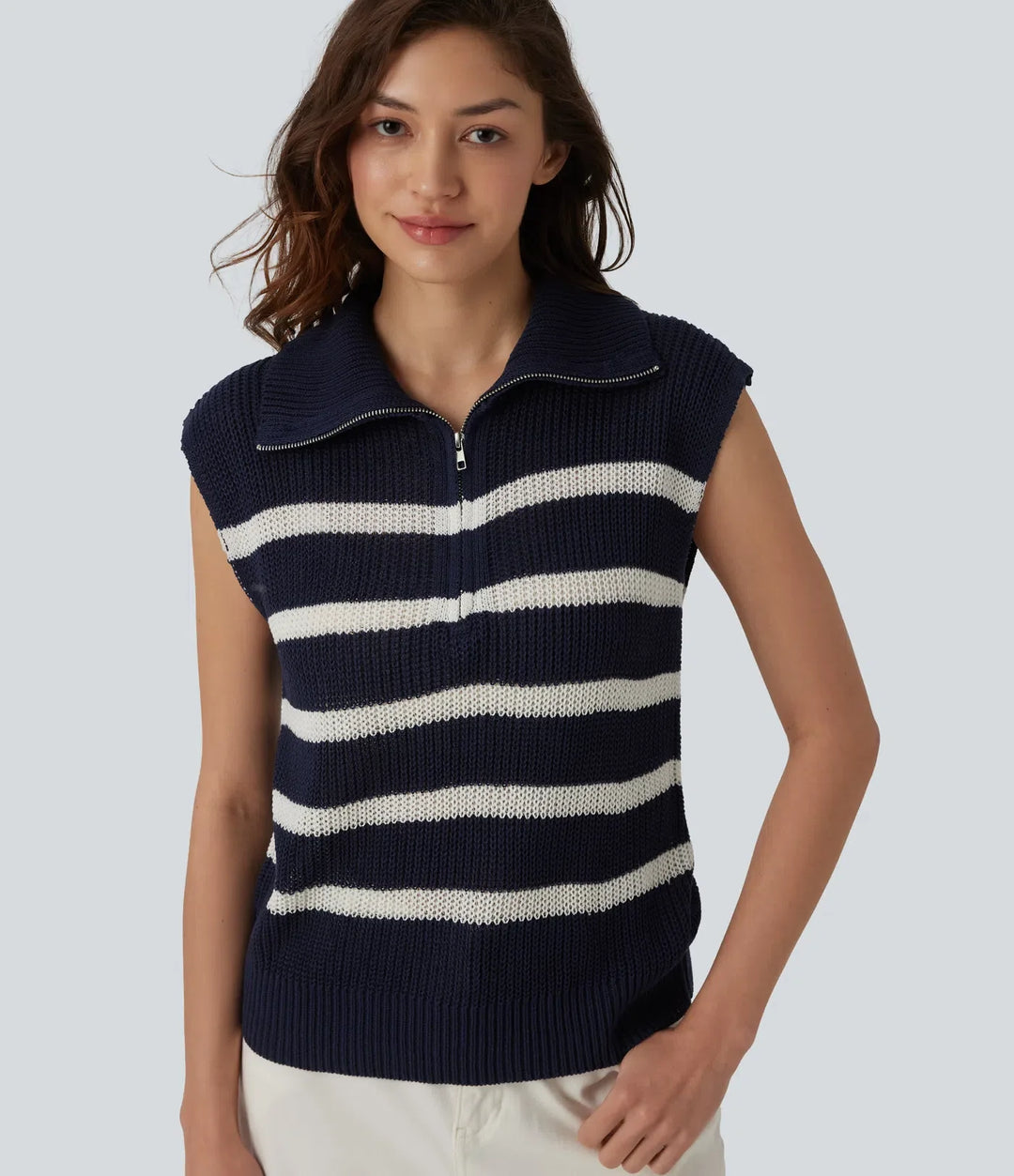 Half Zip Sleeveless Stripe Casual Sweater