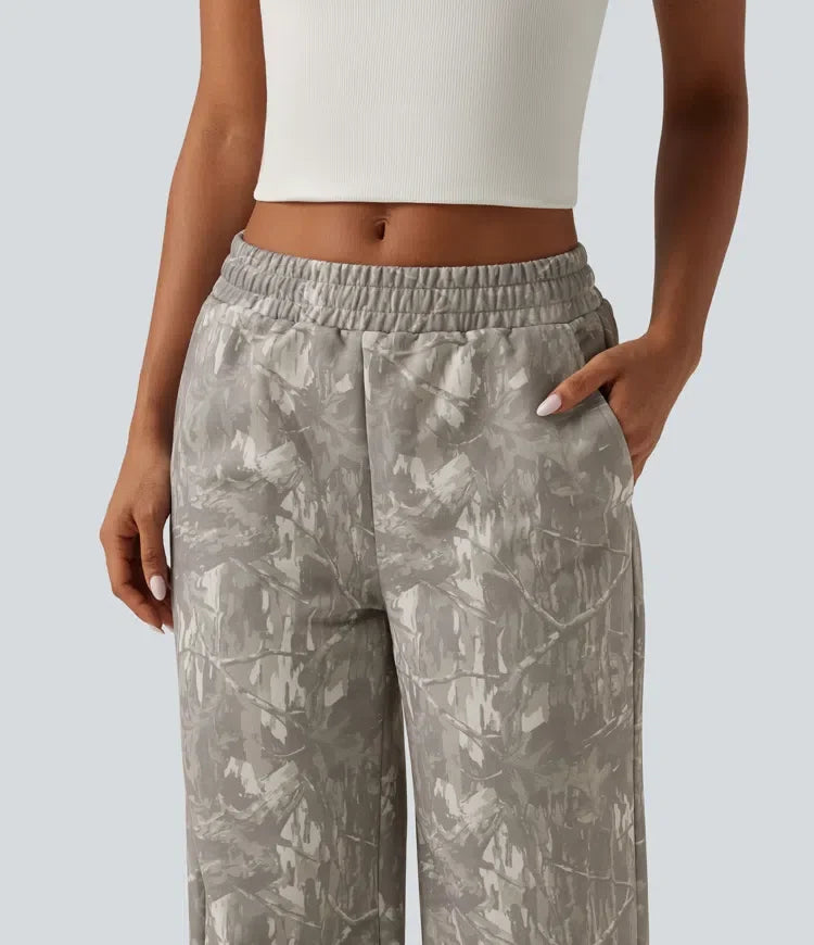 Mid Rise Straight Leg Patterned Inner Drawstring Fleece Casual Sweatpants with Pockets