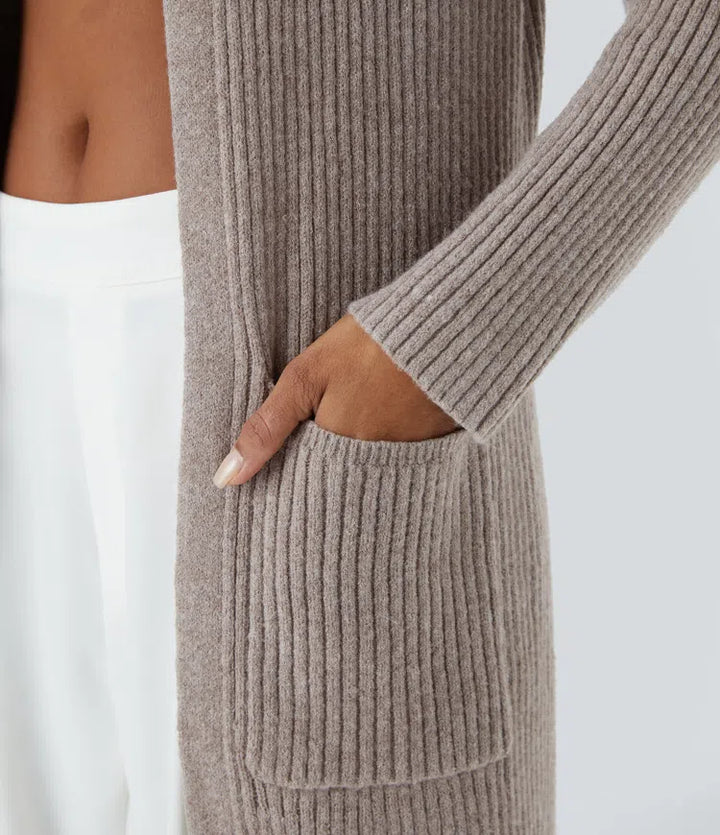 Hooded Long Sleeve Pocket Longline Casual Cardigan