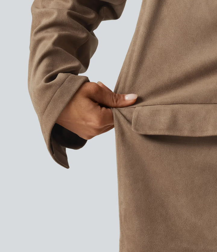 Notched Collar Long Sleeve Suede Casual Blazer with Pockets