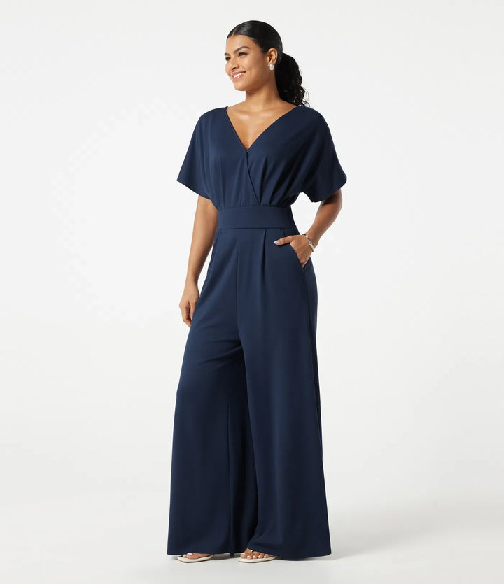 V Neck Short Sleeve Ruched Wide Leg Casual Jumpsuit with Pockets -Easy Peezy Edition