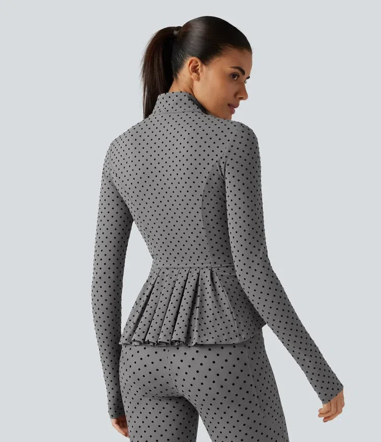 Halara UltraSculpt Stand Collar Long Sleeve Thumb Hole Pleated Polka Dot Yoga Jacket with Pockets