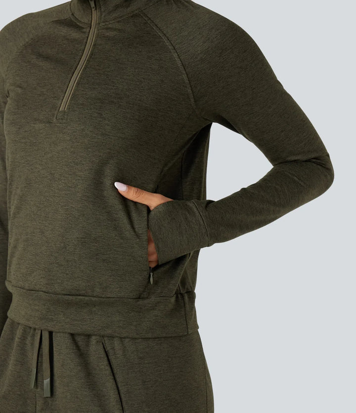 Half Zipper Thumb Holes Quick Dry Fleece Casual Heathered Sweatshirt with Pockets-UPF40+
