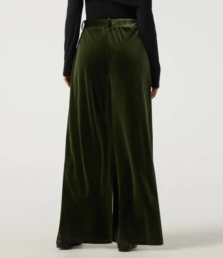 High Waisted Belted Wide Leg Velvet Casual Pants with Pockets