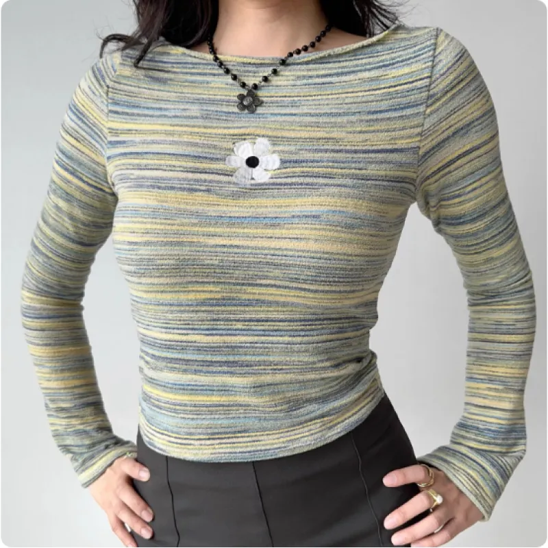 Boat Neck Bell Long Sleeve Gradient Stripe Oversized Casual Sweater