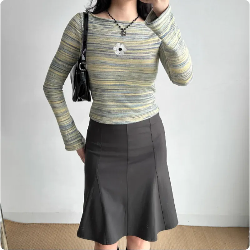 Boat Neck Bell Long Sleeve Gradient Stripe Oversized Casual Sweater