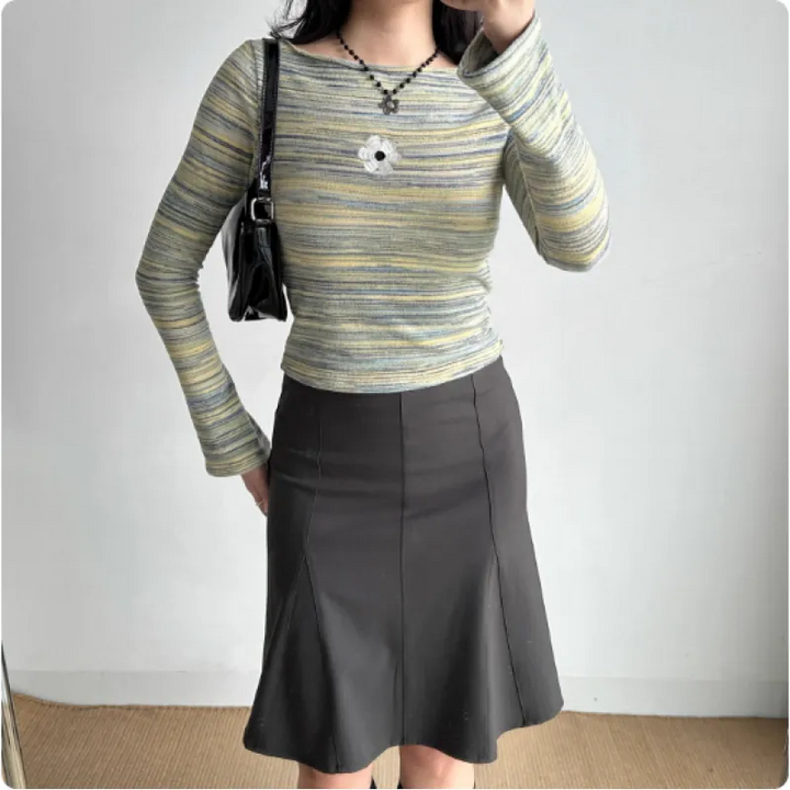 Boat Neck Bell Long Sleeve Gradient Stripe Oversized Casual Sweater