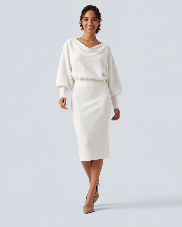 Boat Neck Puff Long Sleeve Work Sweater Dress