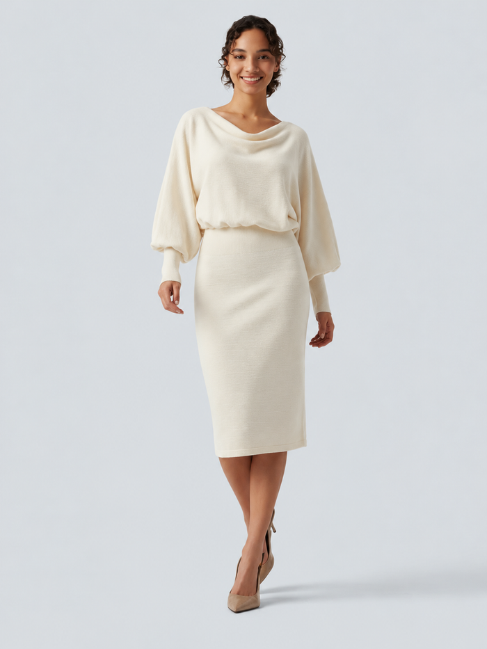 Boat Neck Puff Long Sleeve Work Sweater Dress