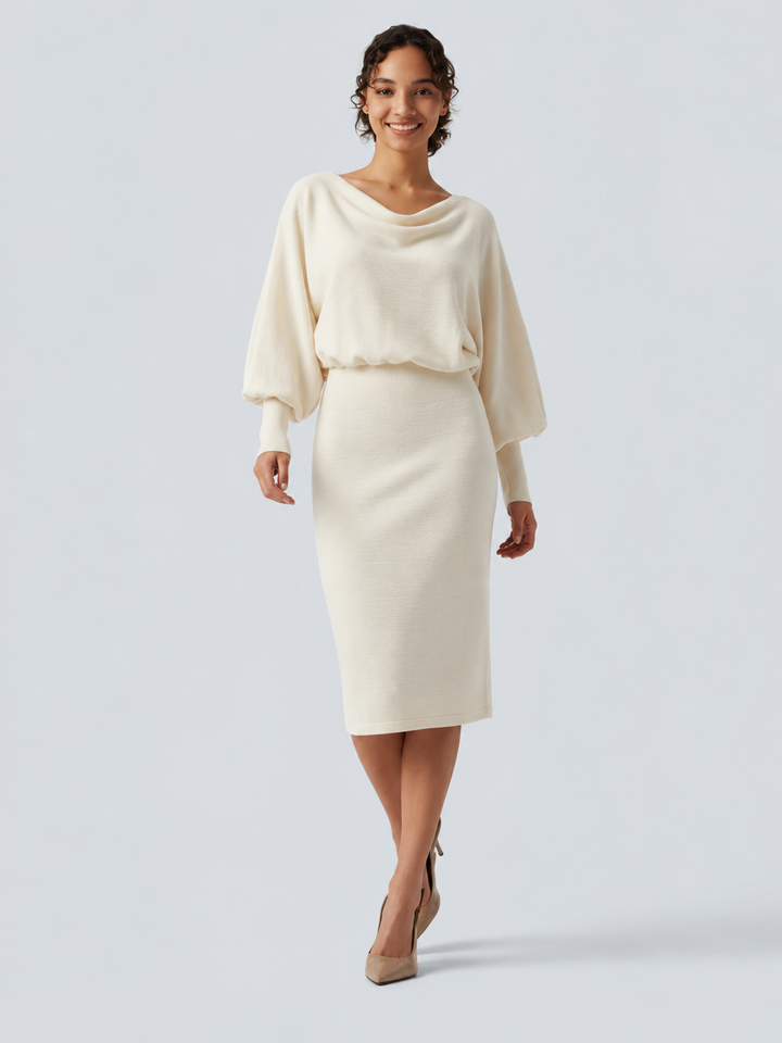 Boat Neck Puff Long Sleeve Work Sweater Dress