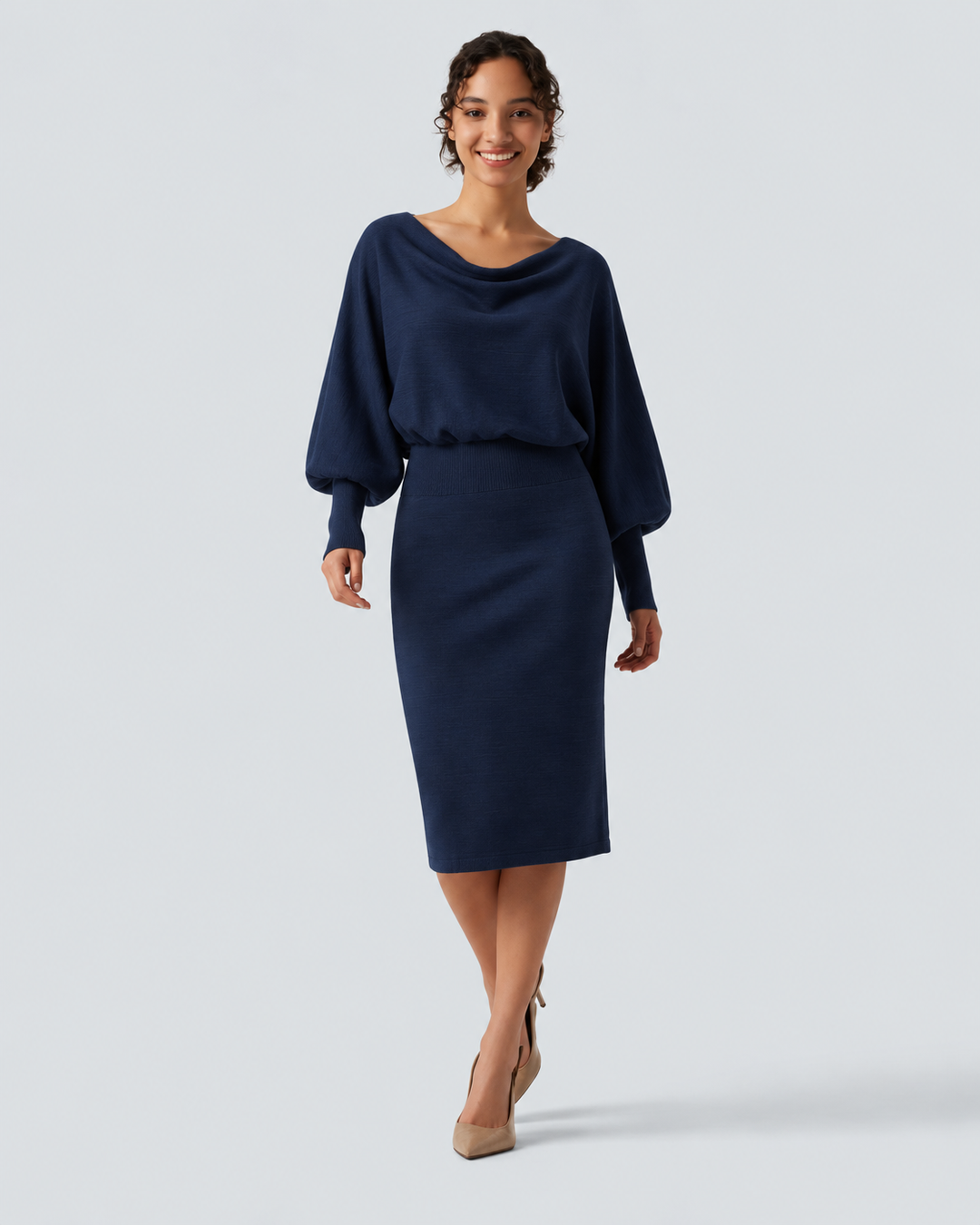 Boat Neck Puff Long Sleeve Work Sweater Dress