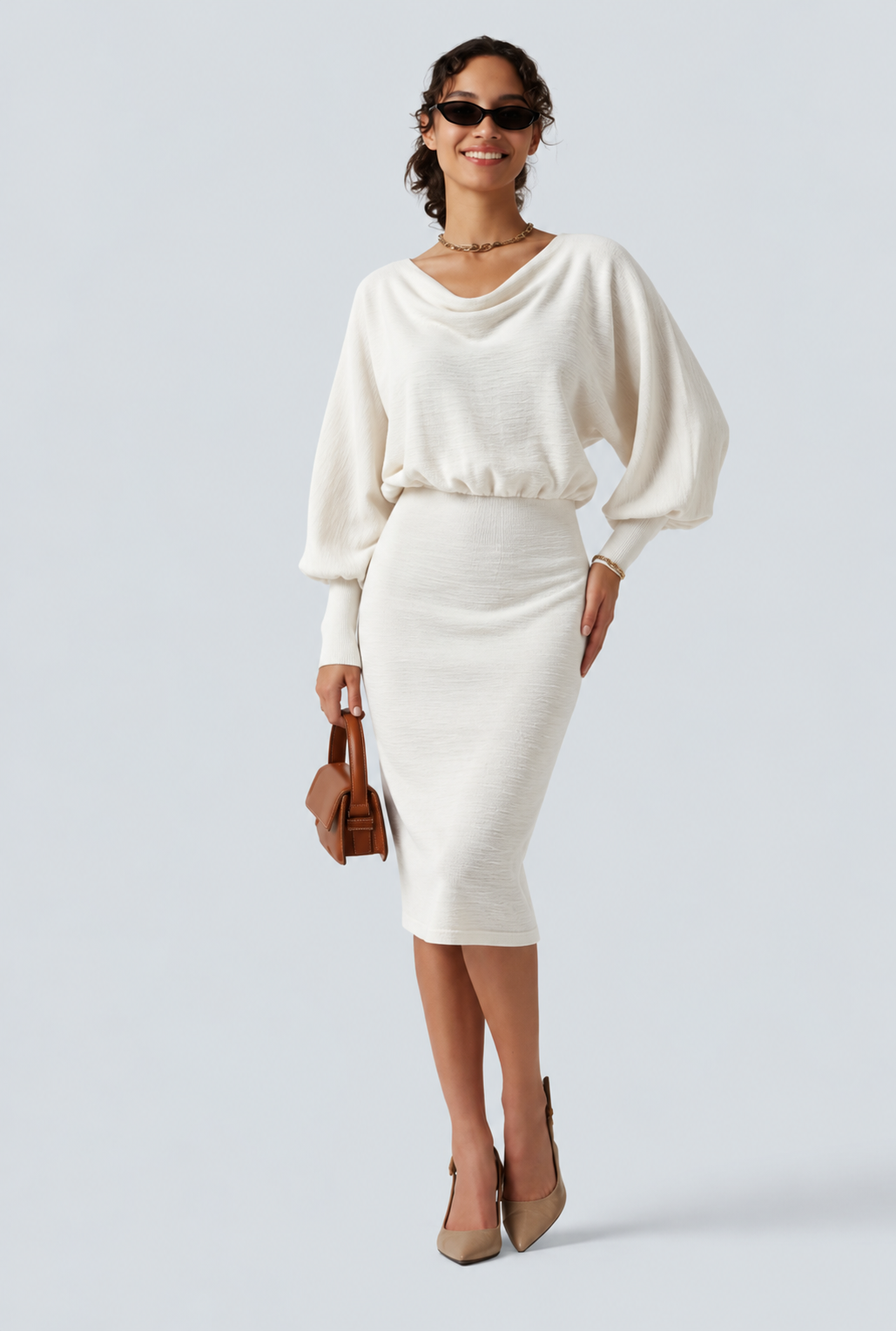 Boat Neck Puff Long Sleeve Work Sweater Dress