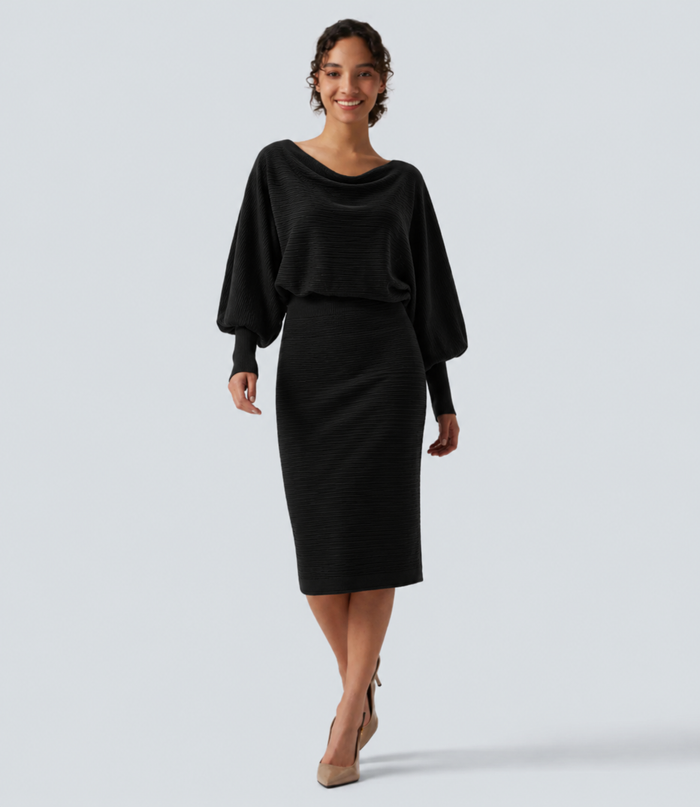 Boat Neck Puff Long Sleeve Work Sweater Dress
