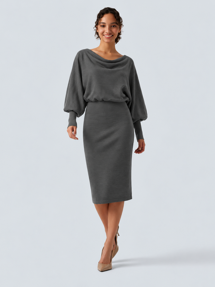 Boat Neck Puff Long Sleeve Work Sweater Dress