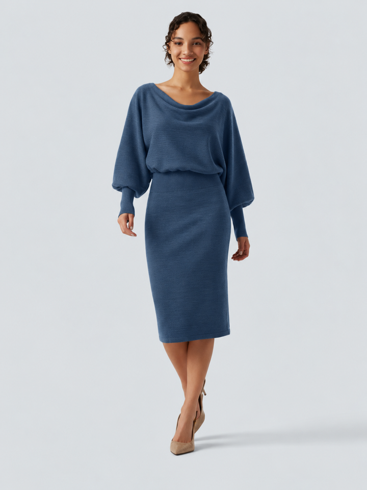 Boat Neck Puff Long Sleeve Work Sweater Dress