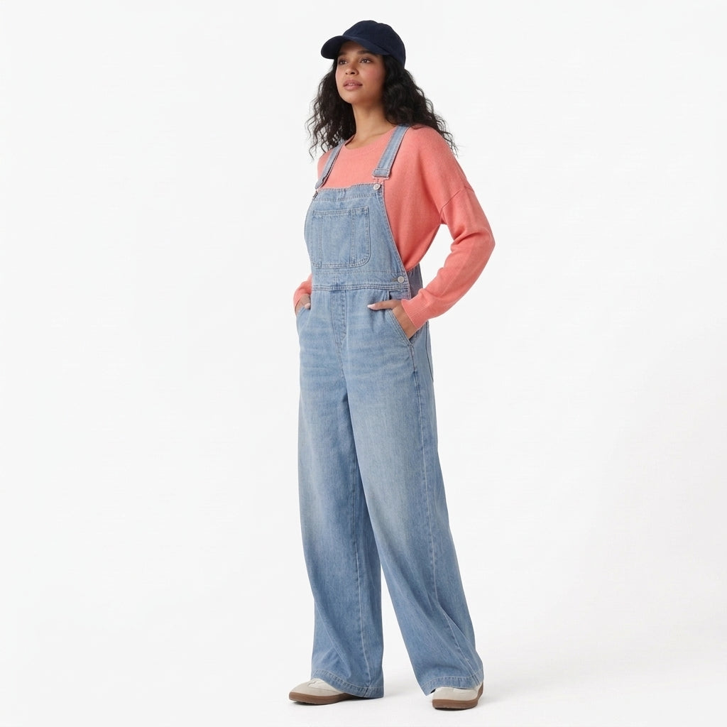 Halara Flex Square Neck Washed Denim Casual Overalls with Pockets