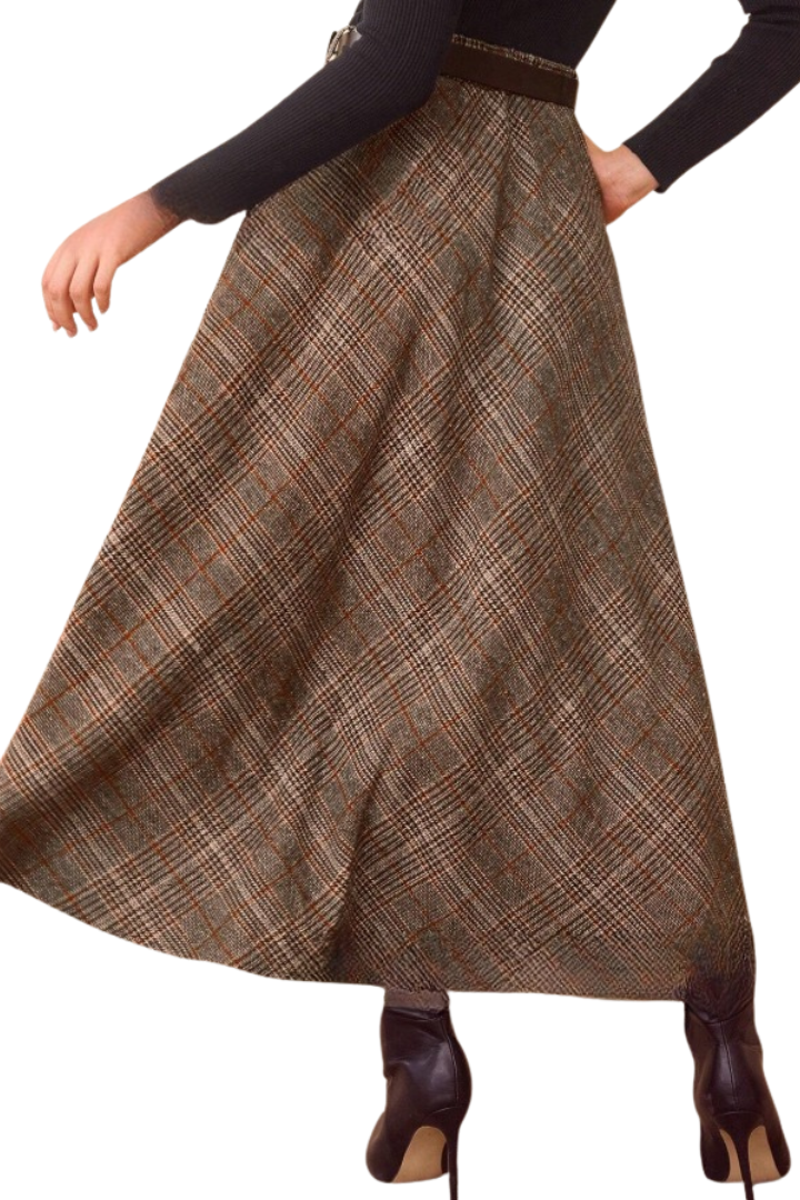High Waisted Asymmetric Plaid A-Line Casual Midi Skirt with Pockets