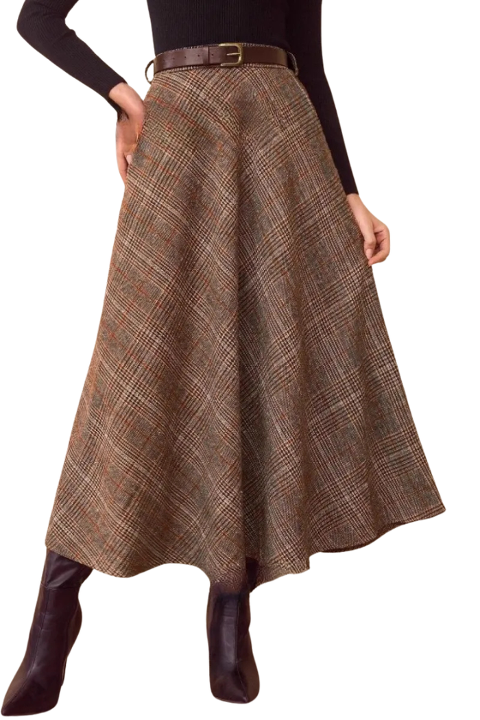 High Waisted Asymmetric Plaid A-Line Casual Midi Skirt with Pockets