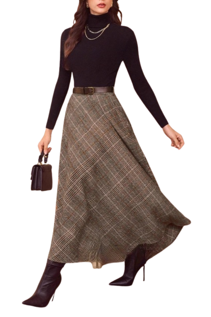 High Waisted Asymmetric Plaid A-Line Casual Midi Skirt with Pockets