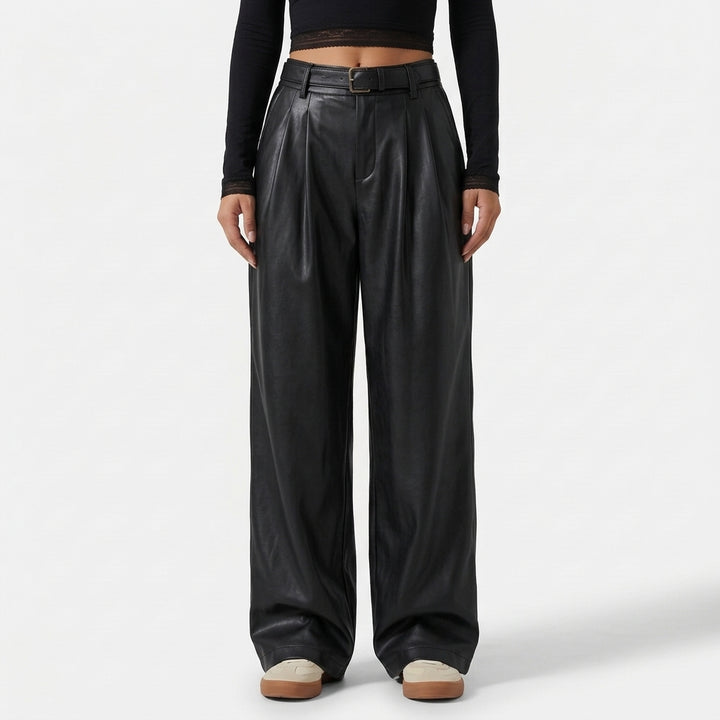 High Waisted Tapered Stretchy PU Fleece Casual Pants with Pockets