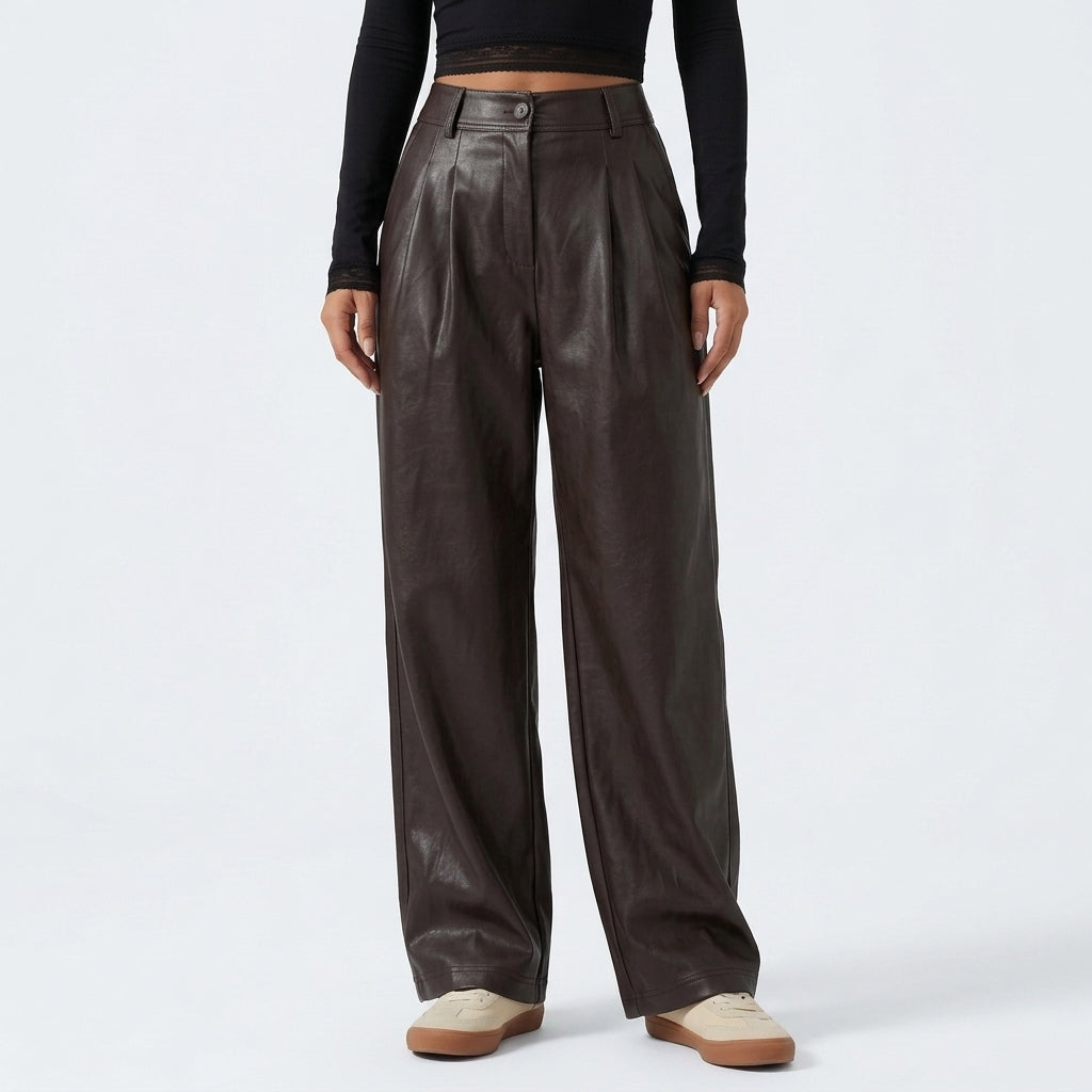 High Waisted Tapered Stretchy PU Fleece Casual Pants with Pockets